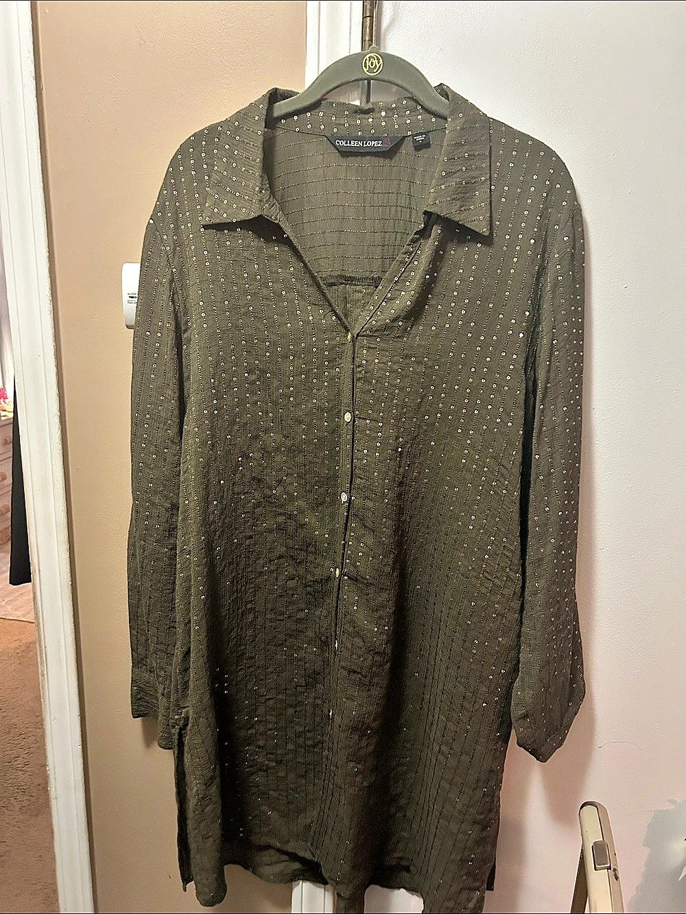 Colleen Lopez Button-Front Sequin Tunic Green Large